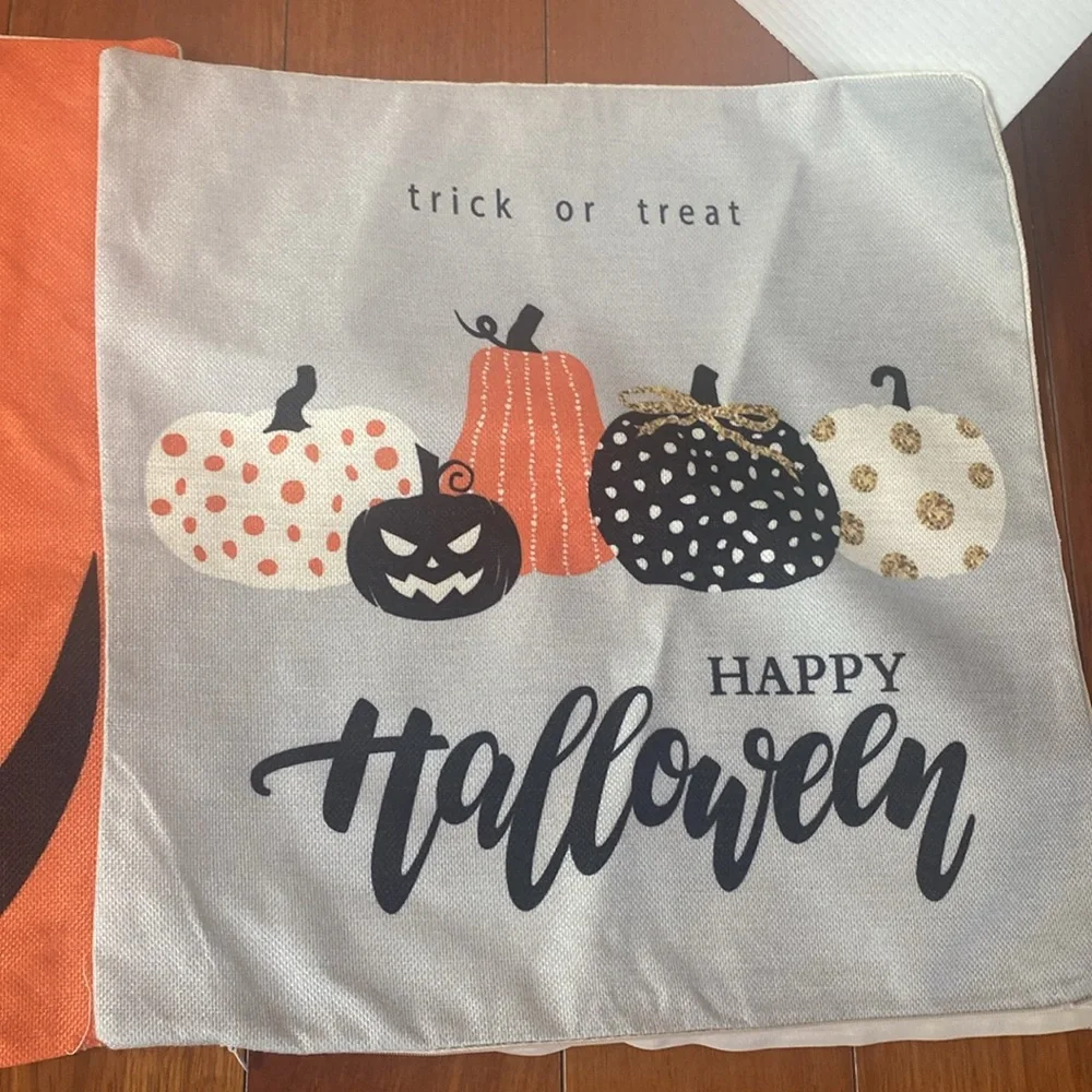 2 Halloween Trick or Treat pumpkin Jack o lantern Pillow Covers shams 17x17”
